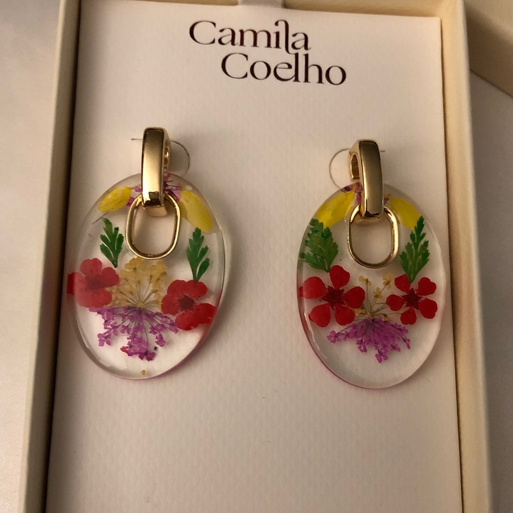 Camila Coelho Clear Lucite & Multi Color Floral Door Knocker Drop Earrings NIB